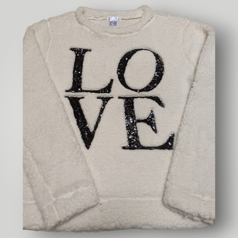 Venus Women's L White Fluffy Sherpa LOVE Long Sleeve Pullover Sweater Sweatshirt - Picture 2 of 13